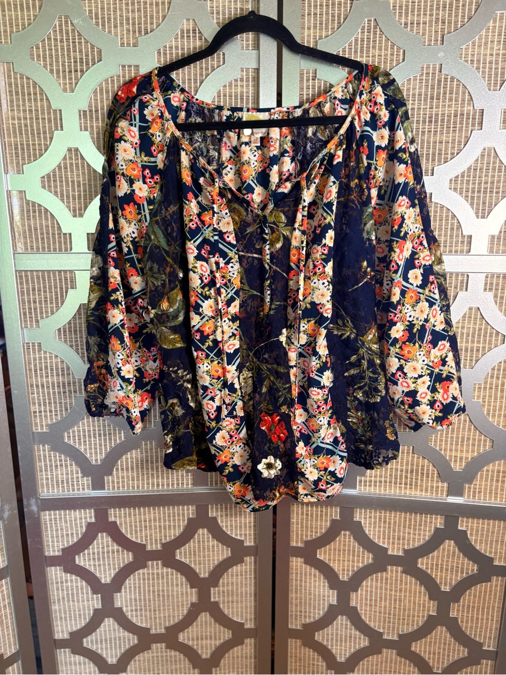 fig and flower Navy Floral Tie-Neck Blouse